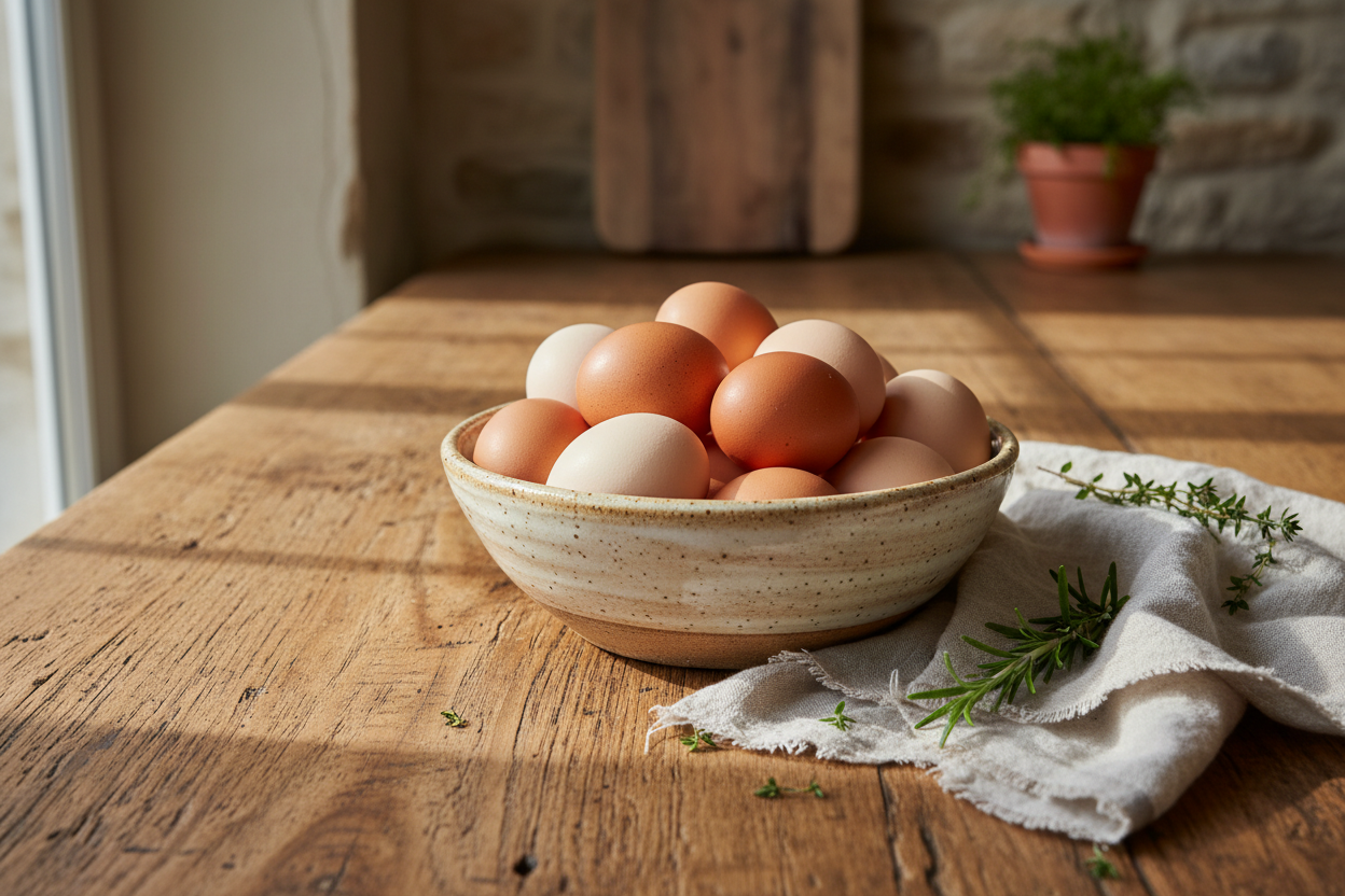 Free-Range Eggs in a bowl on a wooden farmhouse table, luxury farm style. 